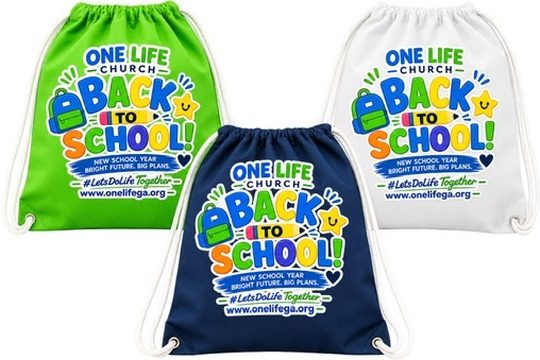 Custom-printed drawstring bags in three colours